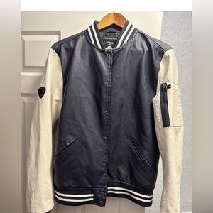 Fried Denim NYC Varsity Bomber Jacket Faux Leather Navy Cream Letterman jacket